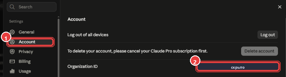Настройки аккаунта Claude, раздел Account со строкой Organization ID