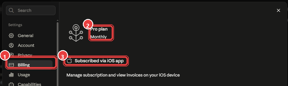 Раздел Billing: Pro plan Monthly и пометка Subscribed via iOS app